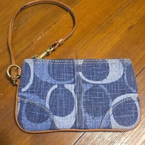 Blue Denim Wristlet with Tan Leather Trim
